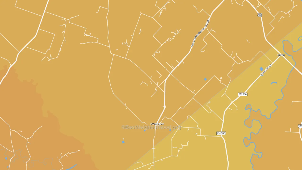 Map of the best neighborhoods in the Cheapside area, with better matches in green and worse matches in red