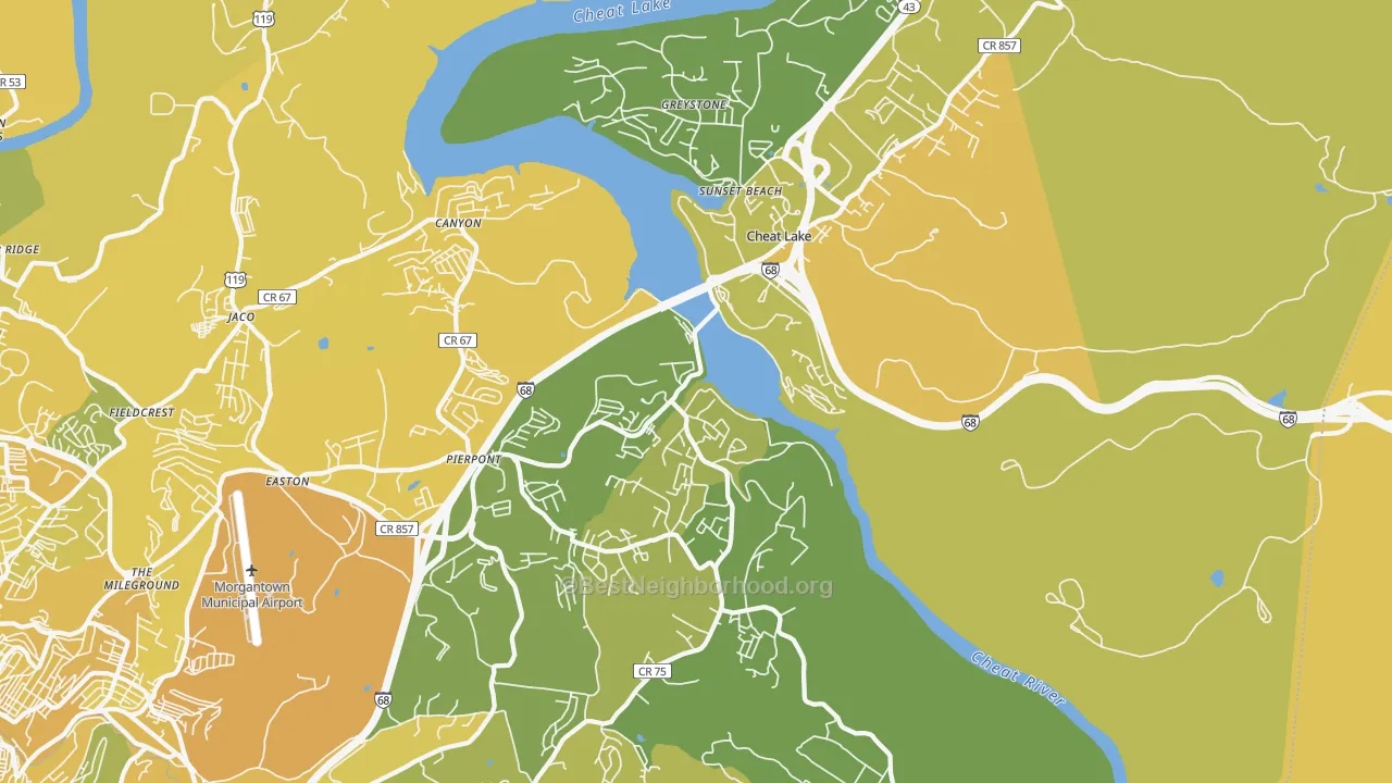 Map of the best neighborhoods in the Cheat Lake area, with better matches in green and worse matches in red