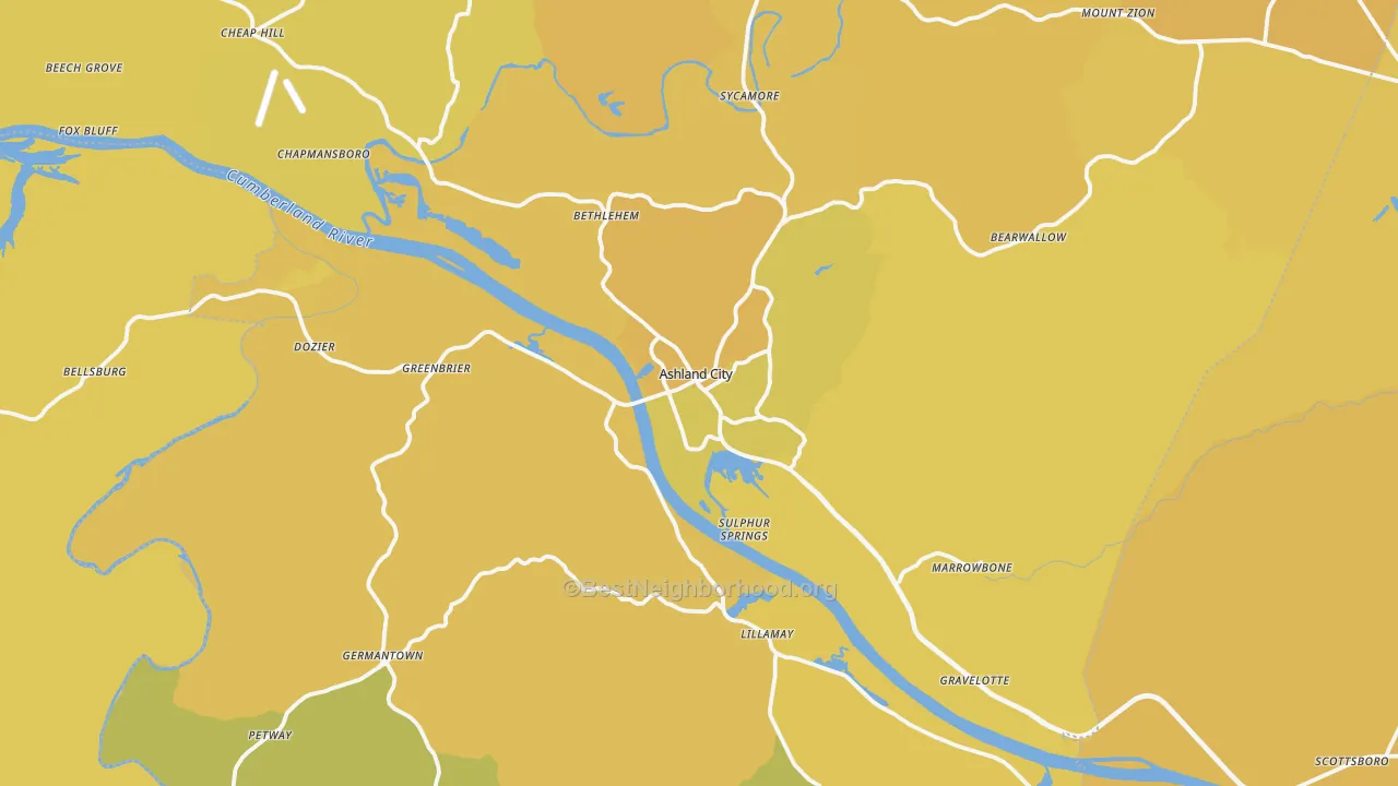 Map of the best neighborhoods in the Cheatham County area, with better matches in green and worse matches in red