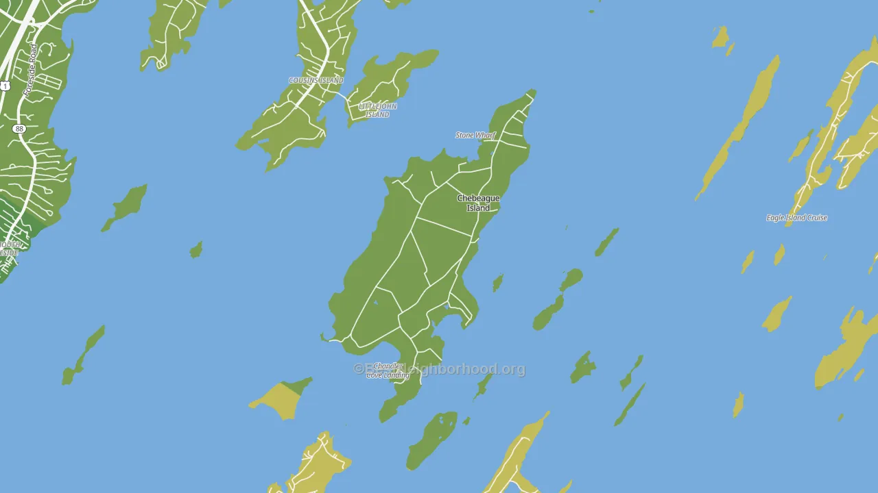 Map of the best neighborhoods in the Chebeague Island area, with better matches in green and worse matches in red