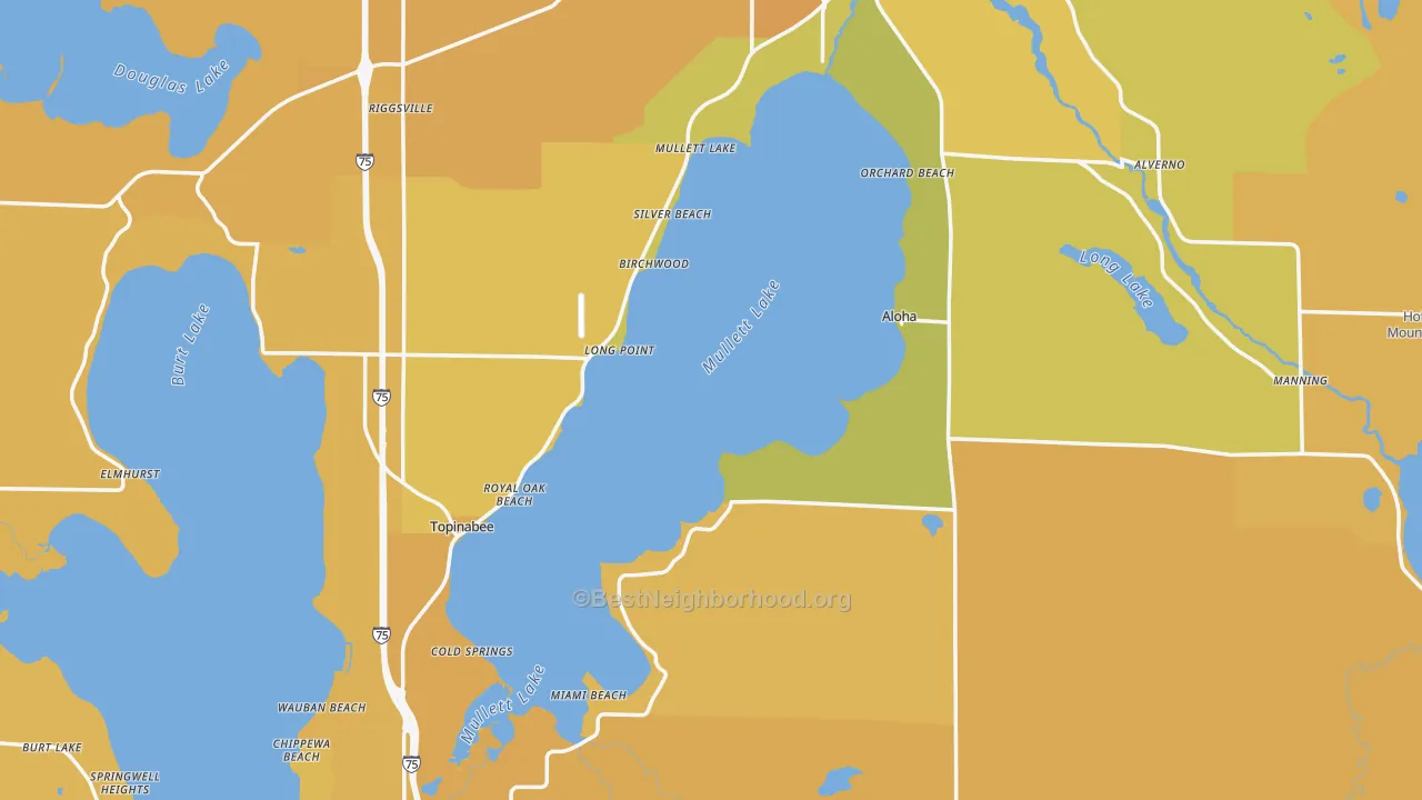 Map of the best neighborhoods in the Cheboygan County area, with better matches in green and worse matches in red
