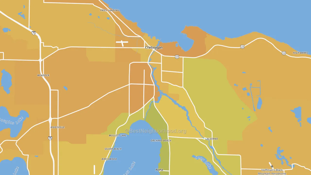Map of the best neighborhoods in the Cheboygan area, with better matches in green and worse matches in red