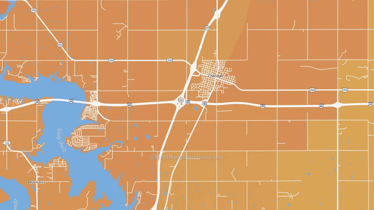 Map of the best neighborhoods in the Checotah area, with better matches in green and worse matches in red