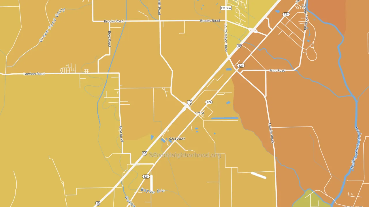 Map of the best neighborhoods in the Cheek area, with better matches in green and worse matches in red