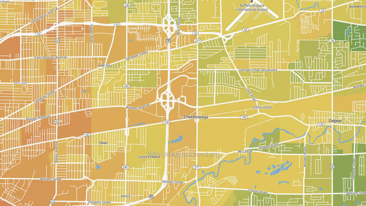 Map of the best neighborhoods in the Cheektowaga area, with better matches in green and worse matches in red