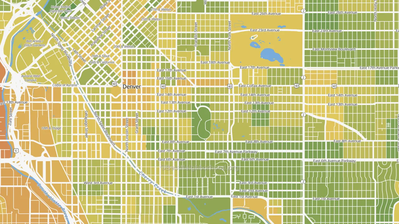 Map of the best neighborhoods in the Cheesman Park, Denver area, with better matches in green and worse matches in red
