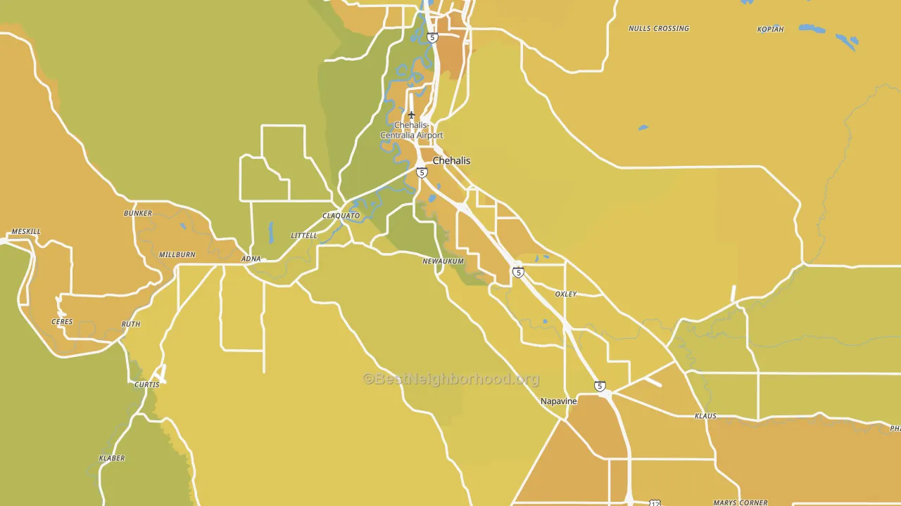 Map of the best neighborhoods in the Chehalis area, with better matches in green and worse matches in red