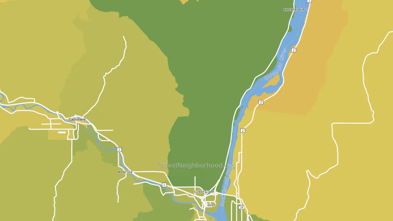 Map of the best neighborhoods in the Chelan County area, with better matches in green and worse matches in red