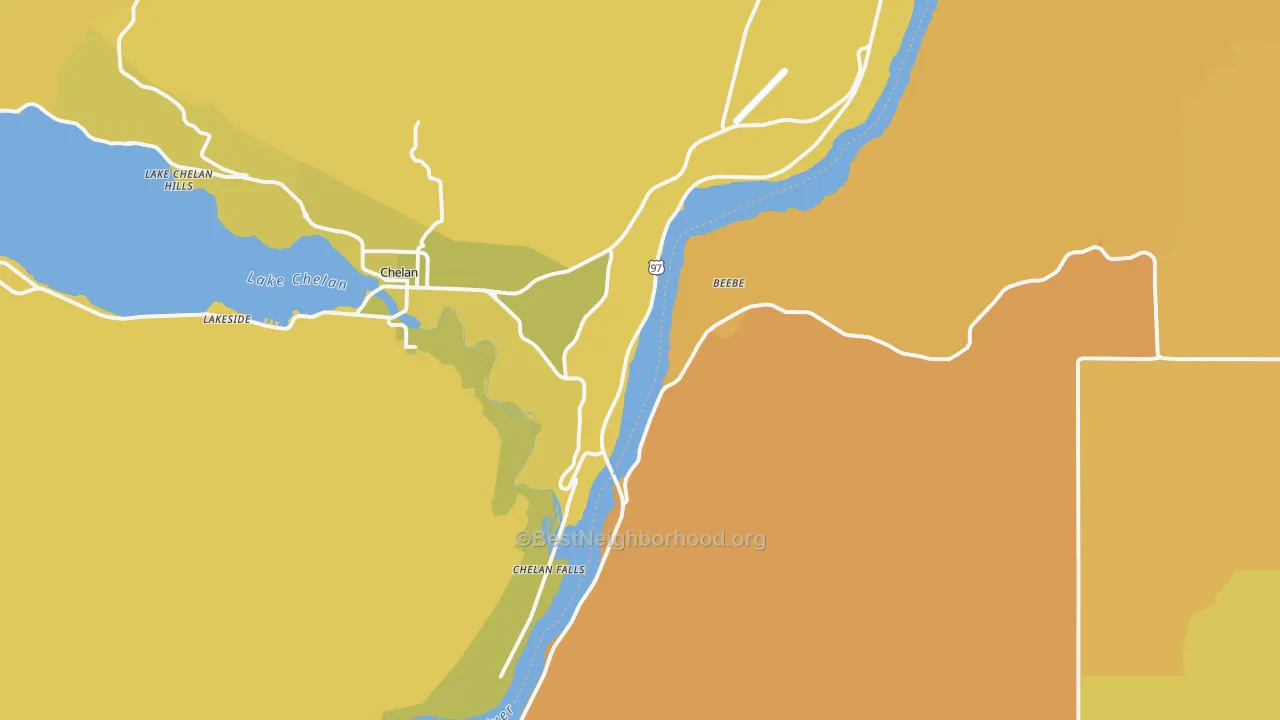 Map of the best neighborhoods in the Chelan Falls area, with better matches in green and worse matches in red