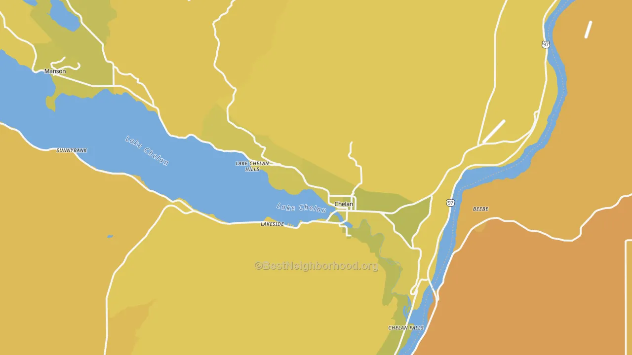 Map of the best neighborhoods in the Chelan area, with better matches in green and worse matches in red
