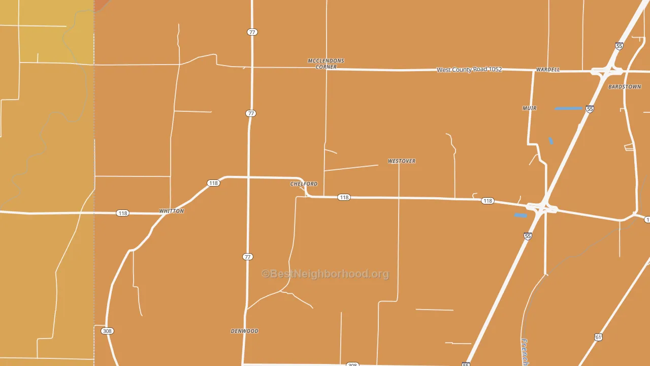 Map of the best neighborhoods in the Chelford area, with better matches in green and worse matches in red