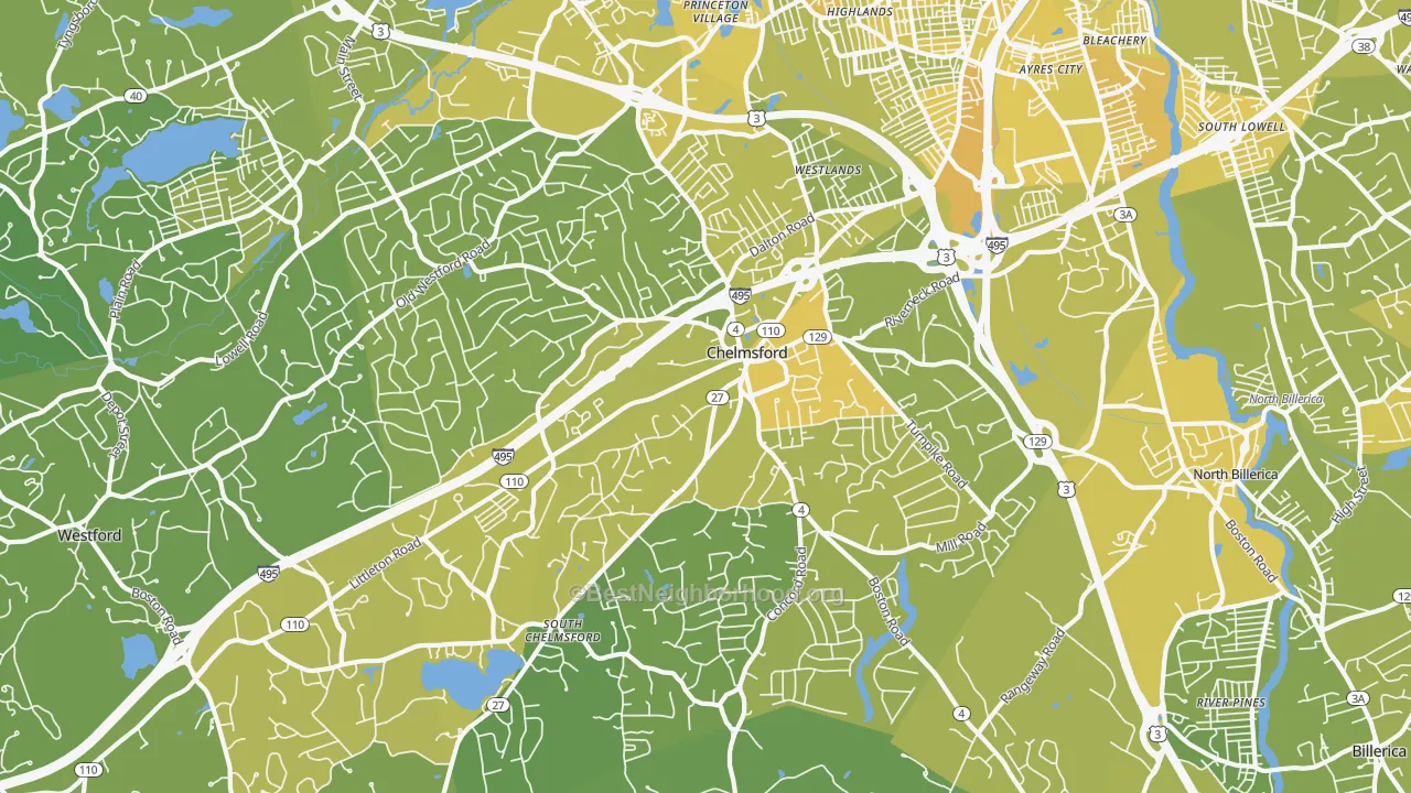 Map of the best neighborhoods in the Chelmsford area, with better matches in green and worse matches in red