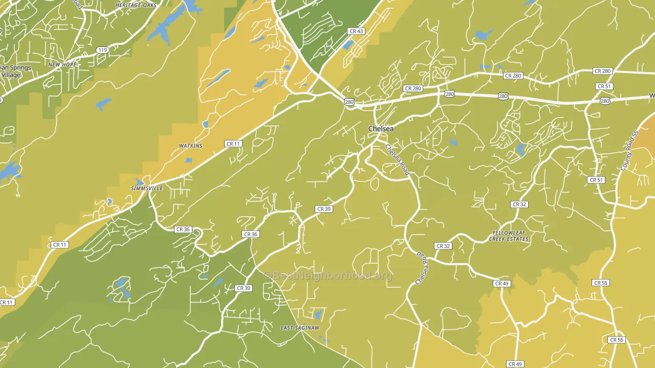 Map of the best neighborhoods in the Chelsea area, with better matches in green and worse matches in red