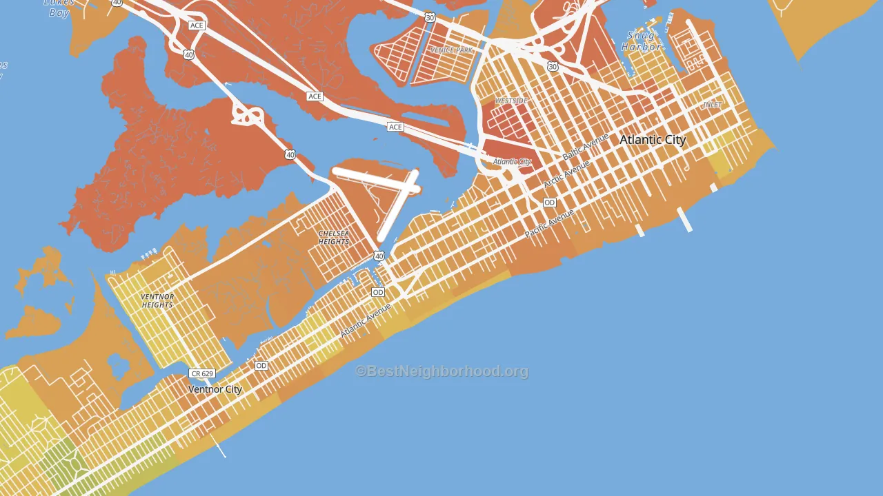 Map of the best neighborhoods in the Chelsea, Atlantic City area, with better matches in green and worse matches in red