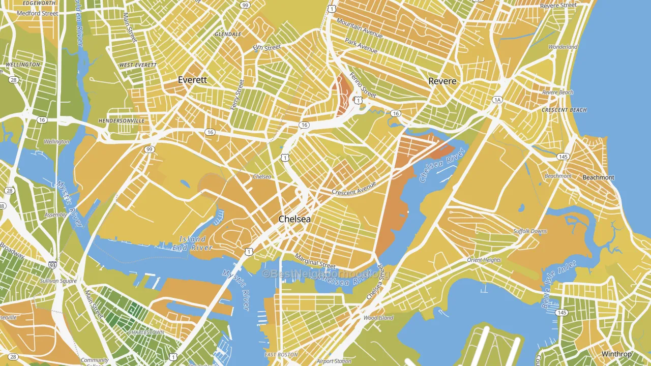 Map of the best neighborhoods in the Chelsea area, with better matches in green and worse matches in red