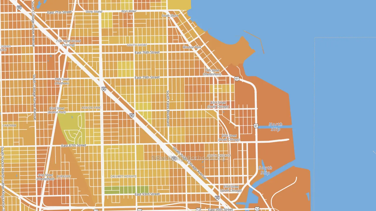 Map of the best neighborhoods in the Cheltenham, Chicago area, with better matches in green and worse matches in red