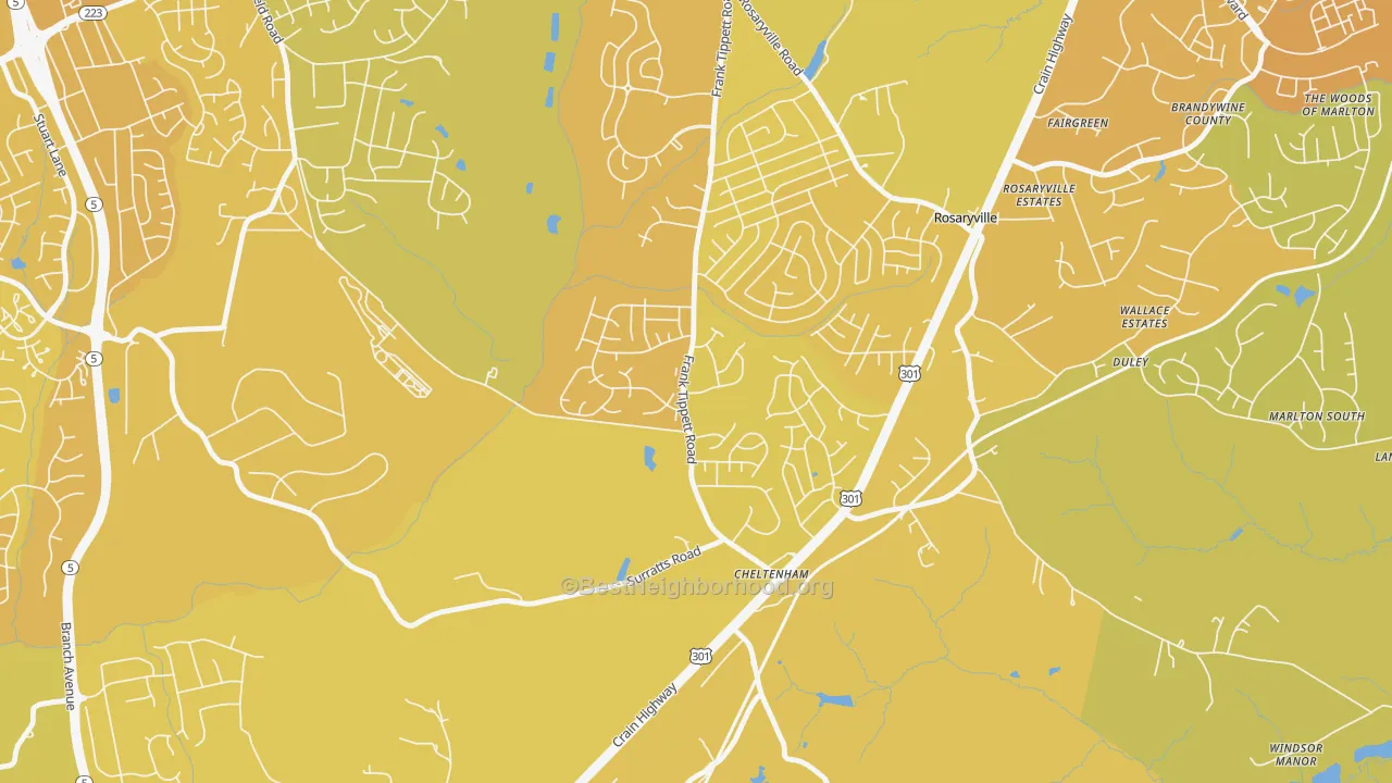 Map of the best neighborhoods in the Cheltenham area, with better matches in green and worse matches in red