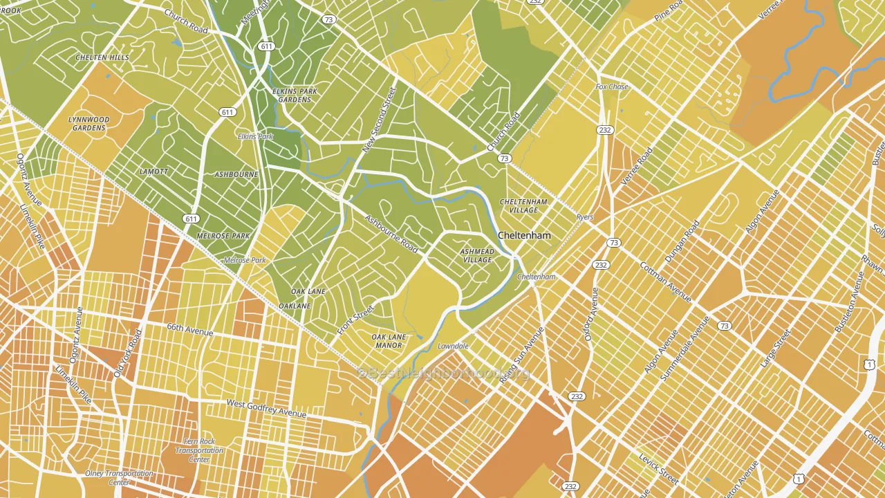 Map of the best neighborhoods in the Cheltenham area, with better matches in green and worse matches in red
