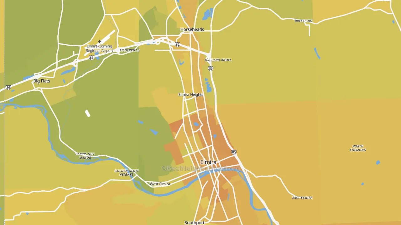 Map of the best neighborhoods in the Chemung County area, with better matches in green and worse matches in red