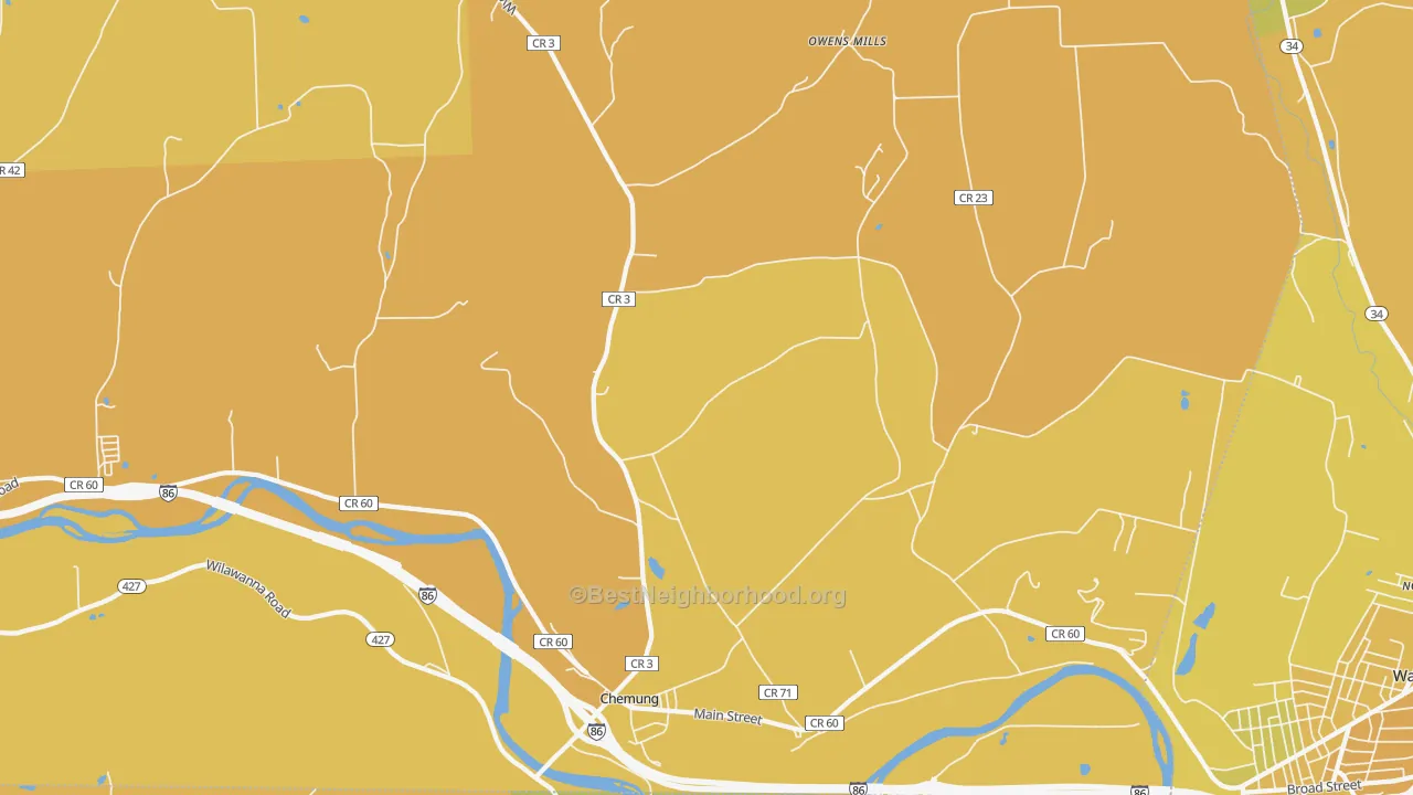 Map of the best neighborhoods in the Chemung area, with better matches in green and worse matches in red
