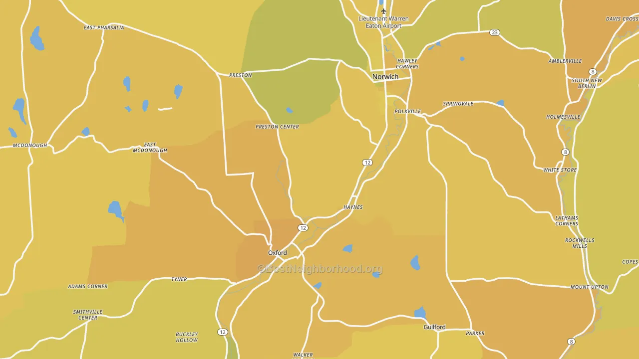 Map of the best neighborhoods in the Chenango County area, with better matches in green and worse matches in red