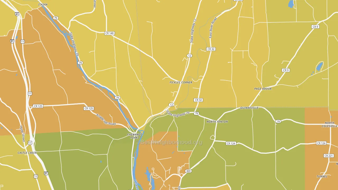 Map of the best neighborhoods in the Chenango Forks area, with better matches in green and worse matches in red
