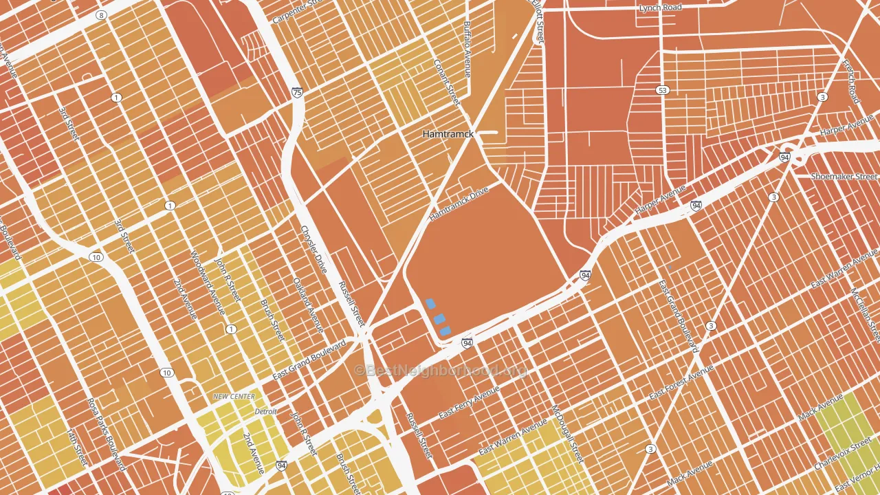 Map of the best neighborhoods in the Chene, Detroit area, with better matches in green and worse matches in red