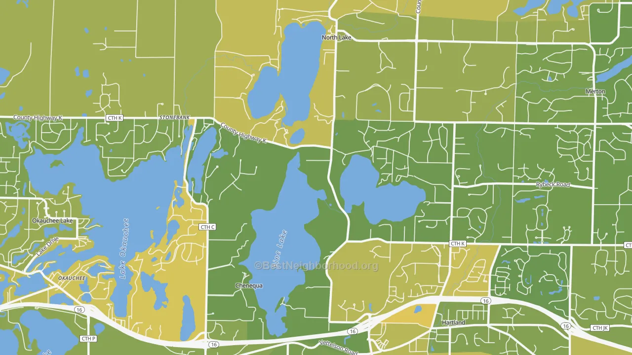 Map of the best neighborhoods in the Chenequa area, with better matches in green and worse matches in red