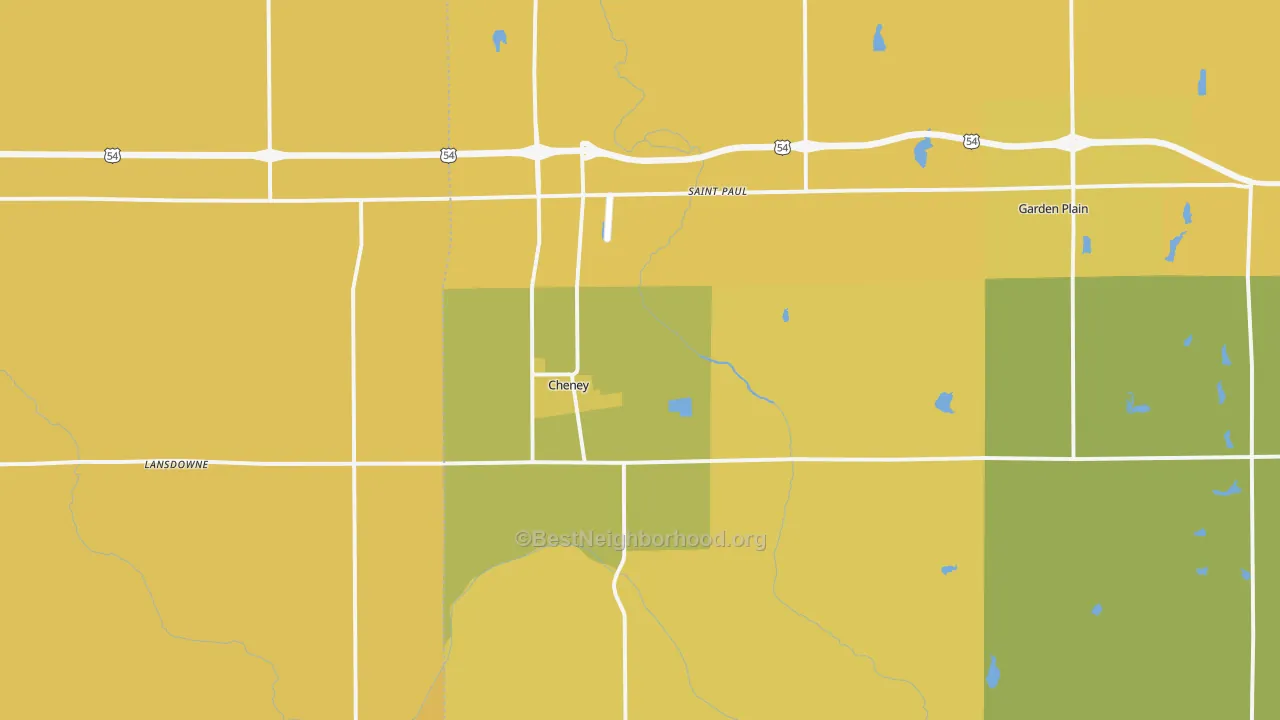 Map of the best neighborhoods in the Cheney area, with better matches in green and worse matches in red