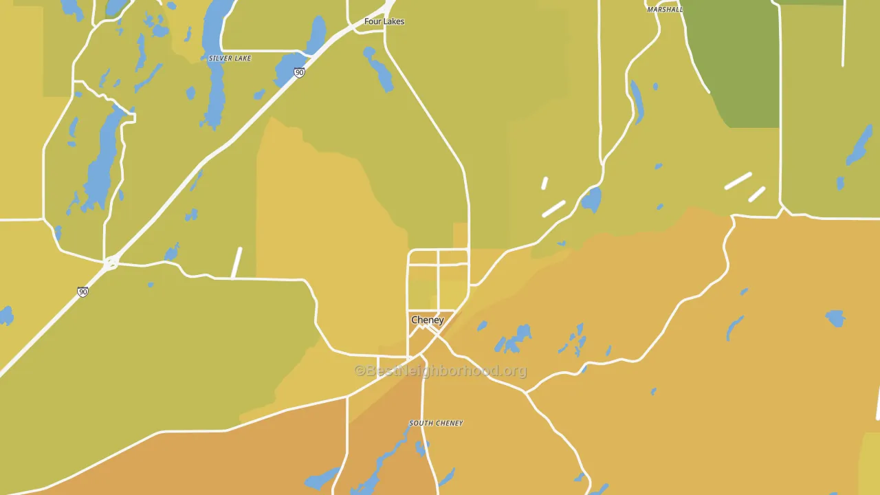 Map of the best neighborhoods in the Cheney area, with better matches in green and worse matches in red