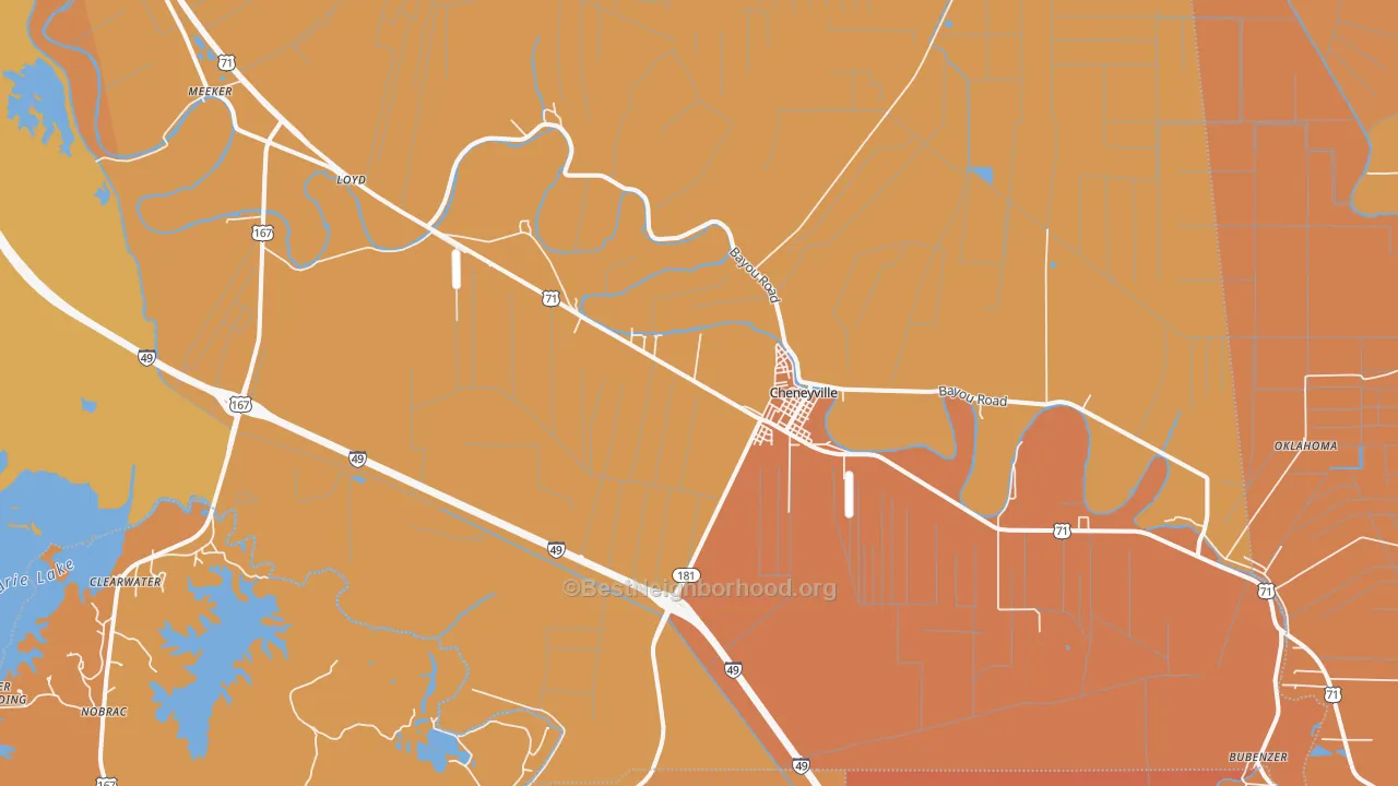 Map of the best neighborhoods in the Cheneyville area, with better matches in green and worse matches in red