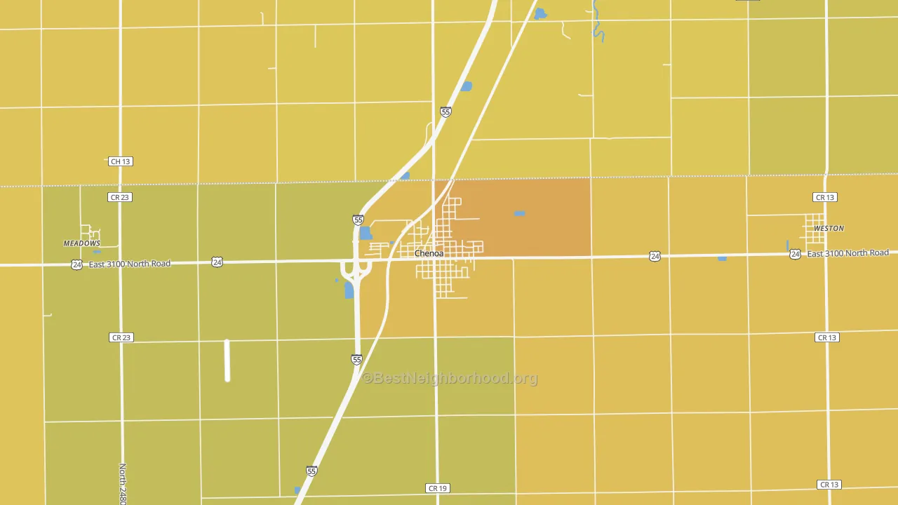 Map of the best neighborhoods in the Chenoa area, with better matches in green and worse matches in red