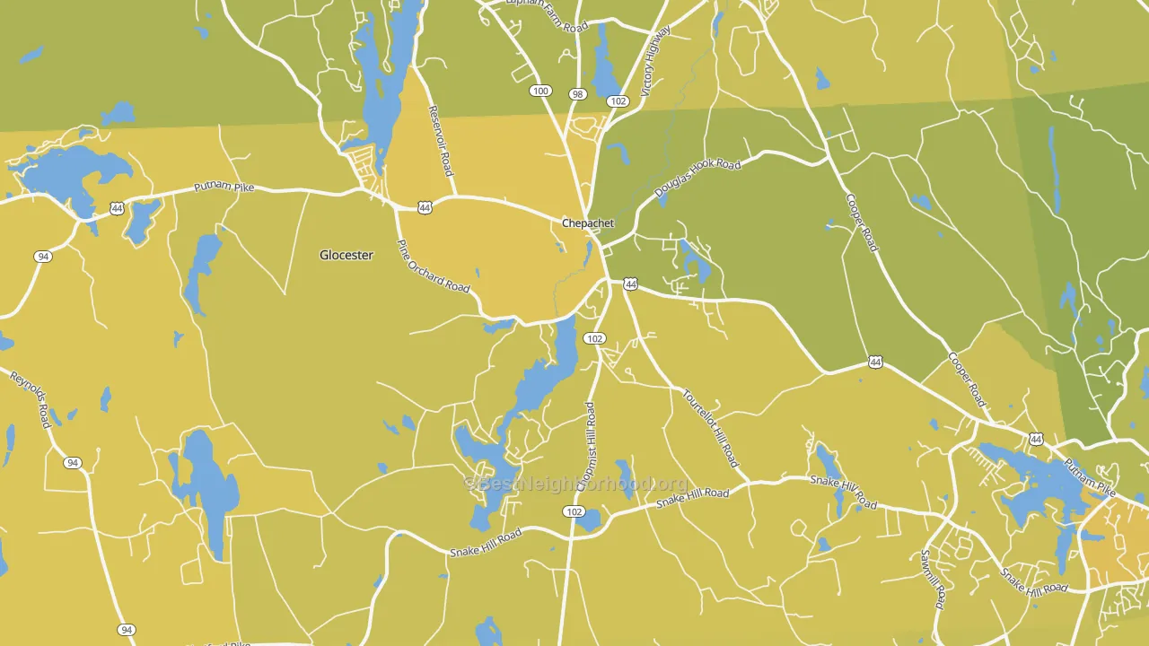 Map of the best neighborhoods in the Chepachet area, with better matches in green and worse matches in red