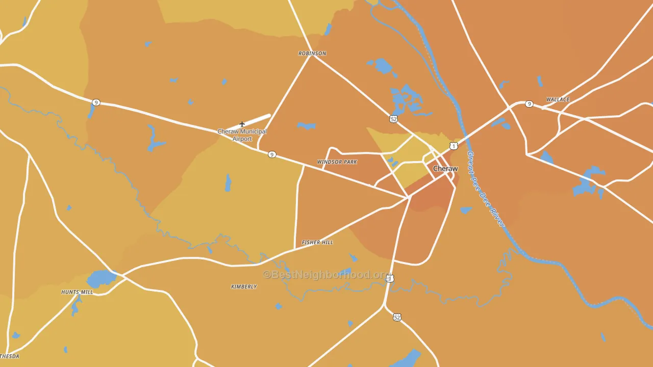 Map of the best neighborhoods in the Cheraw area, with better matches in green and worse matches in red
