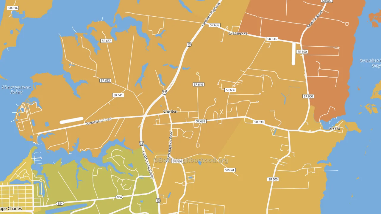 Map of the best neighborhoods in the Cheriton area, with better matches in green and worse matches in red