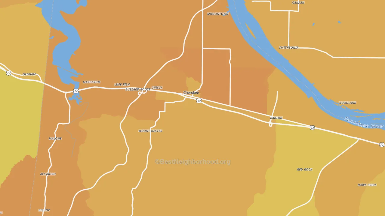 Map of the best neighborhoods in the Cherokee area, with better matches in green and worse matches in red