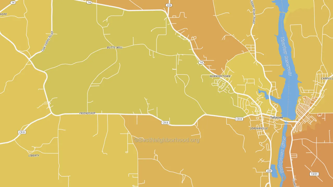 Map of the best neighborhoods in the Cherokee Bluffs area, with better matches in green and worse matches in red
