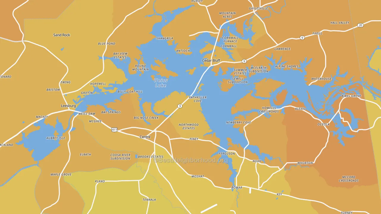 Map of the best neighborhoods in the Cherokee County area, with better matches in green and worse matches in red