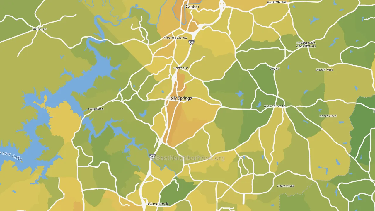 Map of the best neighborhoods in the Cherokee County area, with better matches in green and worse matches in red