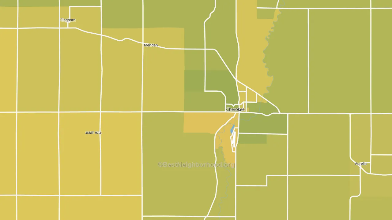 Map of the best neighborhoods in the Cherokee County area, with better matches in green and worse matches in red