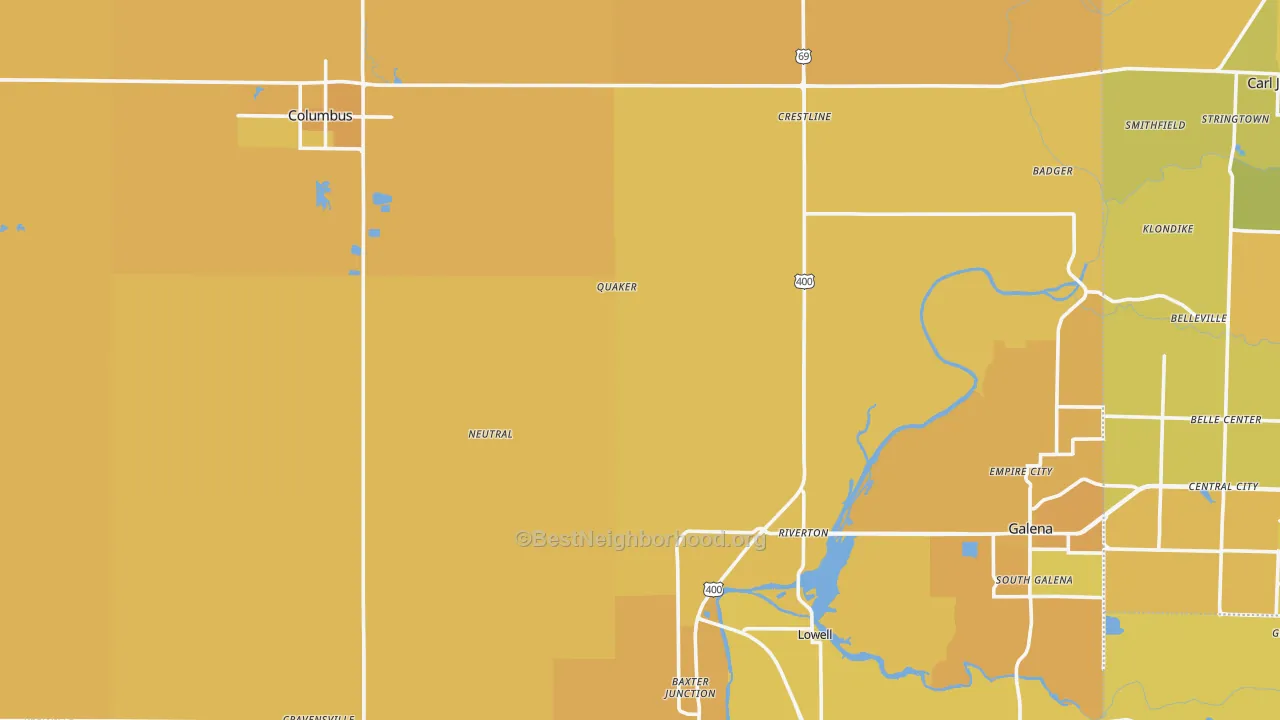 Map of the best neighborhoods in the Cherokee County area, with better matches in green and worse matches in red