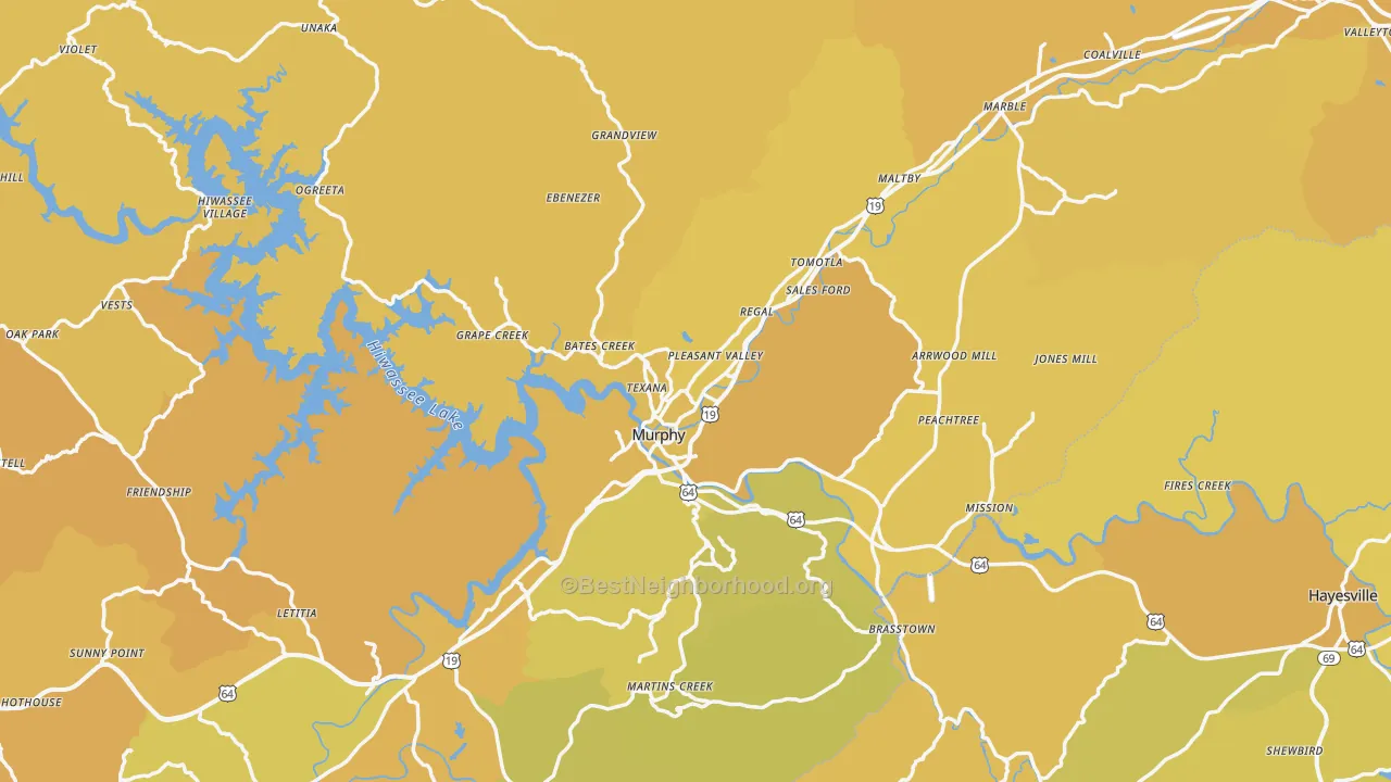 Map of the best neighborhoods in the Cherokee County area, with better matches in green and worse matches in red