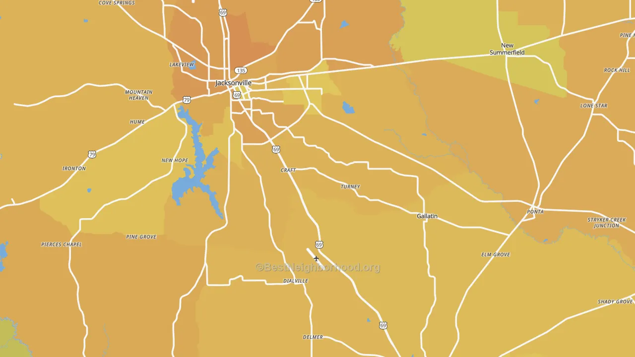 Map of the best neighborhoods in the Cherokee County area, with better matches in green and worse matches in red