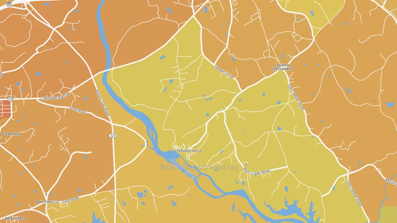 Map of the best neighborhoods in the Cherokee Falls area, with better matches in green and worse matches in red