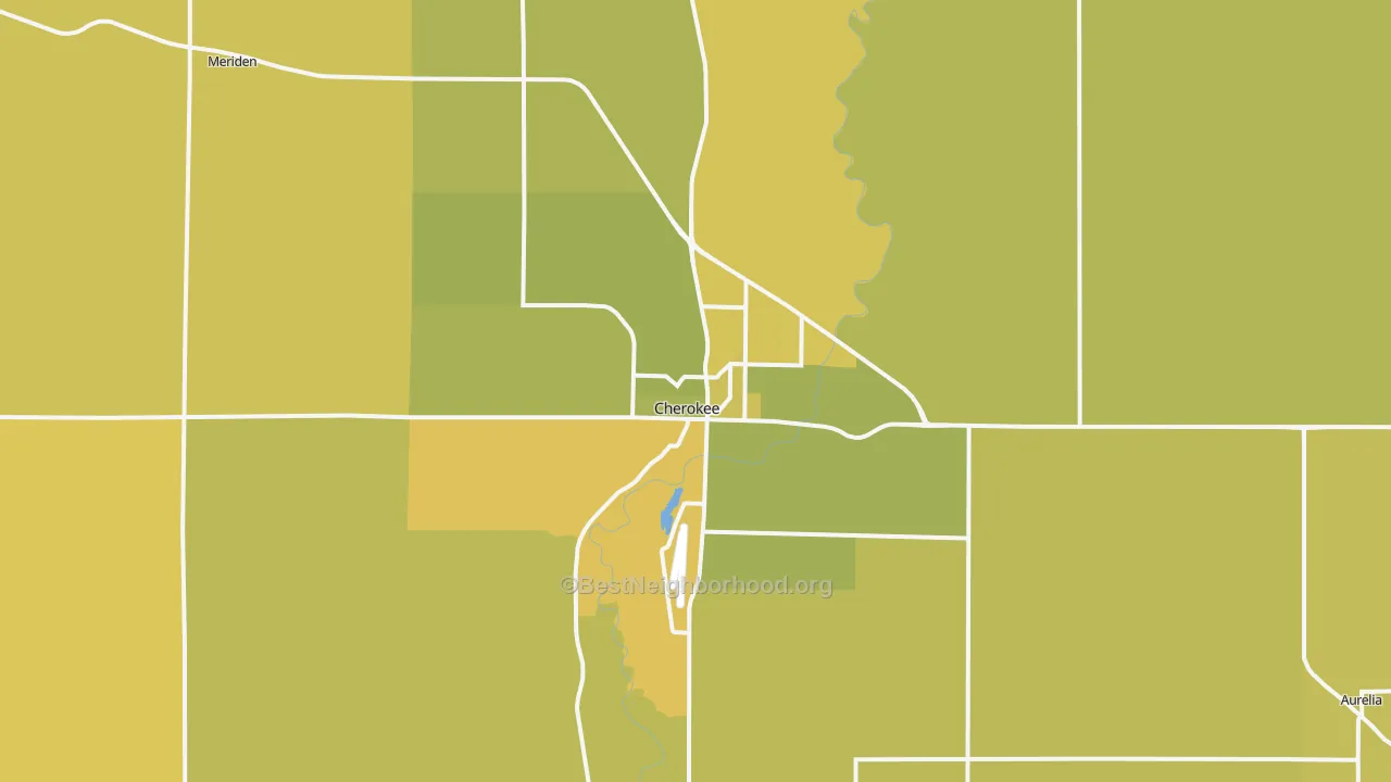 Map of the best neighborhoods in the Cherokee area, with better matches in green and worse matches in red