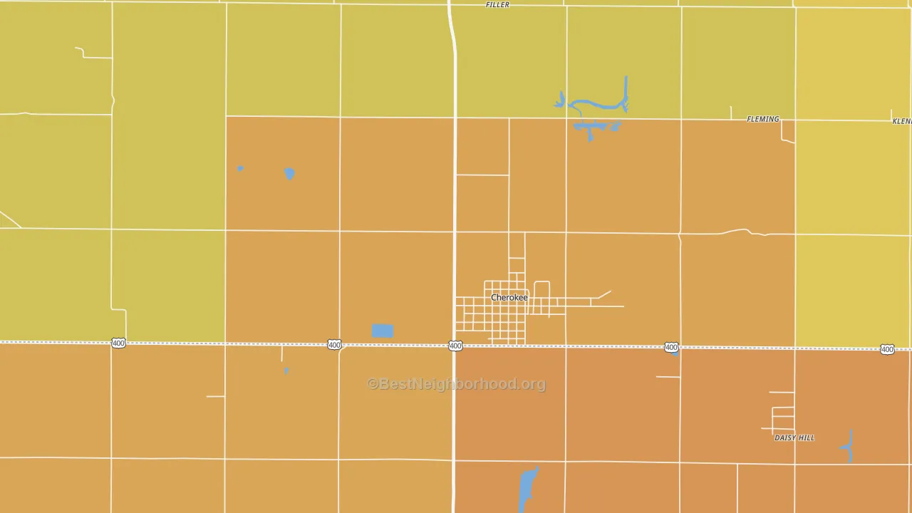 Map of the best neighborhoods in the Cherokee area, with better matches in green and worse matches in red