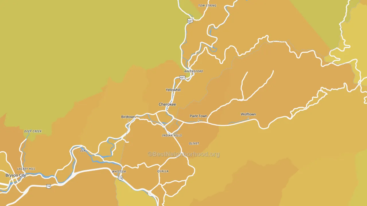 Map of the best neighborhoods in the Cherokee area, with better matches in green and worse matches in red