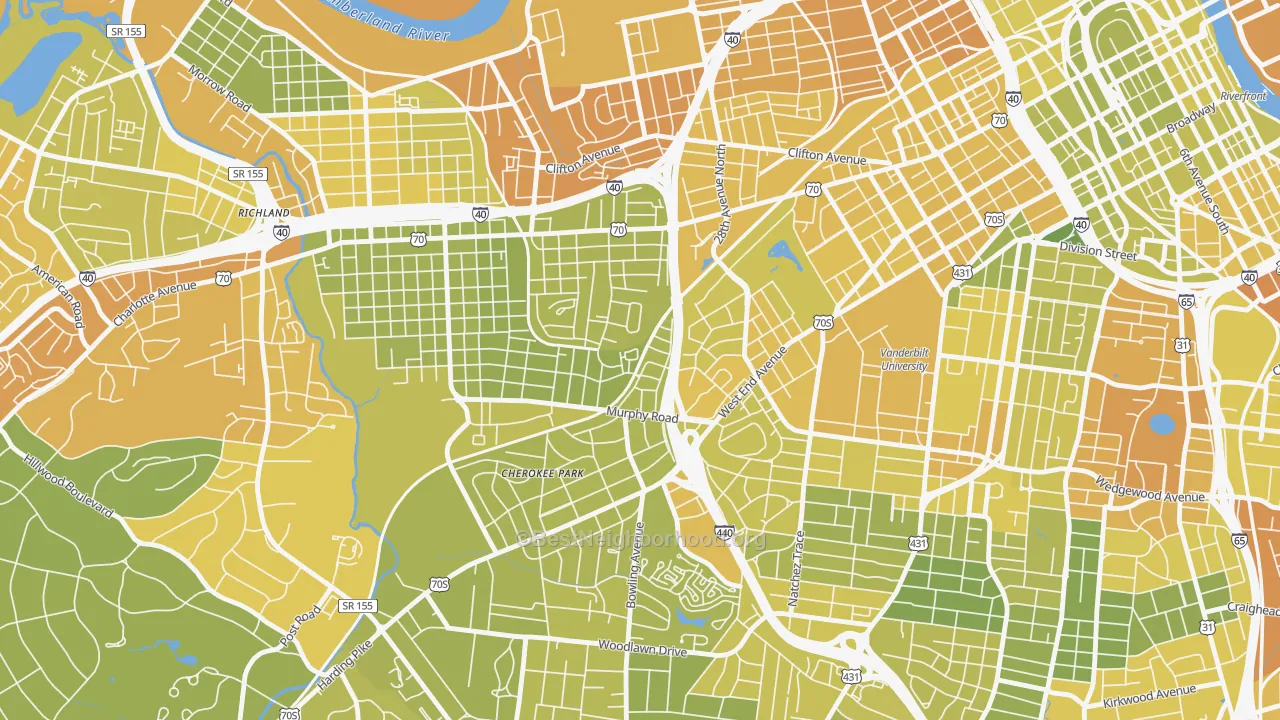 Map of the best neighborhoods in the Cherokee Park, Nashville area, with better matches in green and worse matches in red