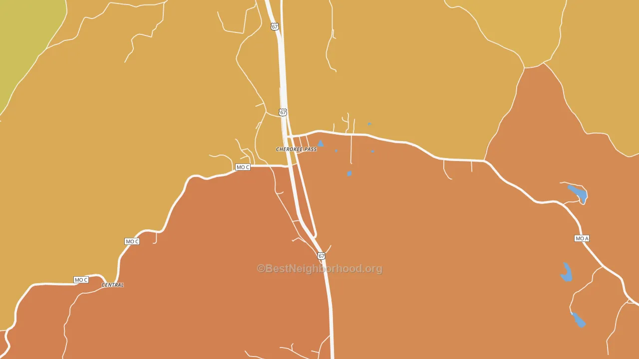 Map of the best neighborhoods in the Cherokee Pass area, with better matches in green and worse matches in red