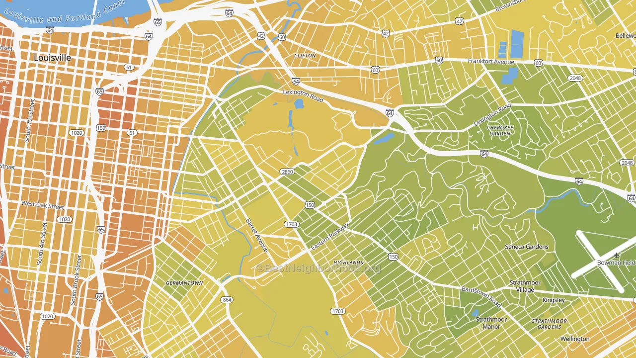 Map of the best neighborhoods in the Cherokee Triangle, Louisville area, with better matches in green and worse matches in red
